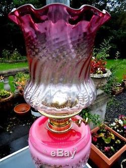 A Beautiful Hand Painted Pink/ Cranberry Victorian Twin Duplex Table Oil Lamp