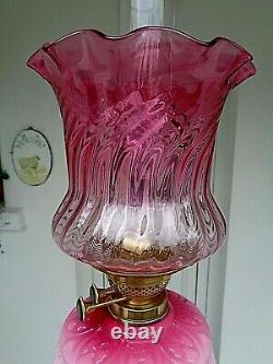 A Beautiful Large 29 Tall Victorian Period Cranberry/rose Pink Glass Oil Lamp