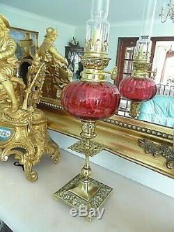 A Beautiful Pair Of Cranberry French / Victorian Style Peg Oil Lamps