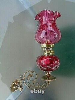 A Beautiful Pair Of Cranberry Tear-drop Victorian Style Wall Sconce Oil Lamps