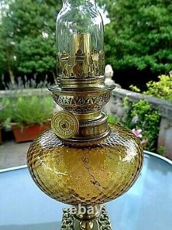 A Beautiful Pair Of French Victorian Period Amber Glass Oil Lamps
