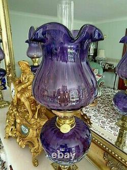 A Beautiful Pair Of Victorian Style Amethyst Tear-drop Glass Peg Oil Lamps
