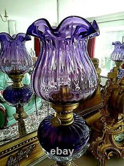 A Beautiful Pair Of Victorian Style Amethyst Tear-drop Glass Peg Oil Lamps