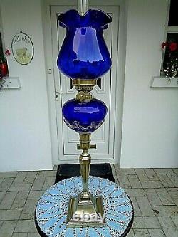 A Beautiful Pair Of Victorian Style Bristol Blue Tear-drop Glass Peg Oil Lamps