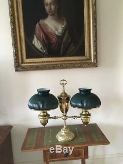 A Brass twin branch table oil lamp