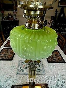 A Charming Antique Victorian 30 Tall Mint Green Banquet Table Oil Lamp