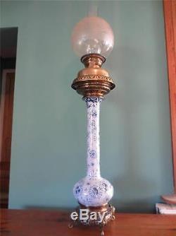 A Film Star Antique Victorian (circa1870) Porcelain Oil Lamp-etched Globe Shade
