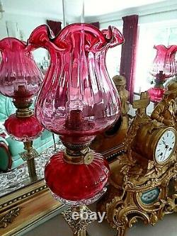 A Fine Quality Pair Of Victorian Style Cranberry Tear-drop Glass Peg Oil Lamps