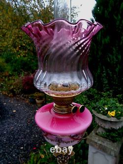 A Good Quality 25 Tall Victorian Rose Pink Glass Twin Duplex Oil Lamp