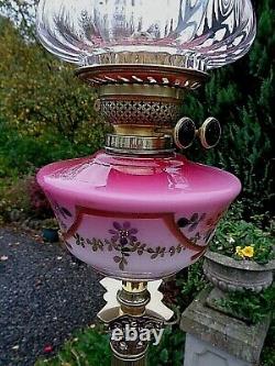 A Good Quality 25 Tall Victorian Rose Pink Glass Twin Duplex Oil Lamp