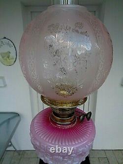 A Good Quality 27.1/2 Tall Victorian Rose Pink Glass Oil Lamp