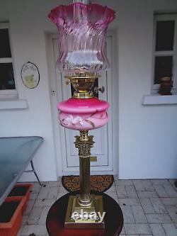 A Good Quality 27 Tall Victorian Rose Pink Glass Twin Duplex Oil Lamp