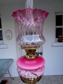 A Good Quality 27 Tall Victorian Rose Pink Glass Twin Duplex Oil Lamp