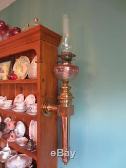 A Huge Original Antique Victorian(1870)painted Cranberry Glass Wall Oil Lamp