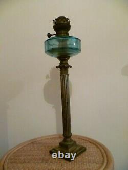 A Large Victorian Corinthian Column Type, Blue Glass Oil Lamp'matador' Germany