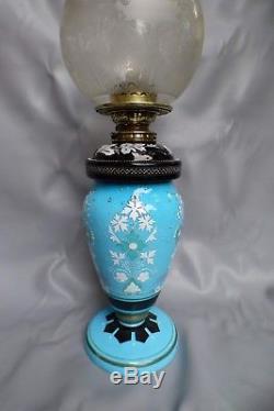 A Lovely Blue Glass Based Victorian Oil Lamp With Black Glass Reservoir