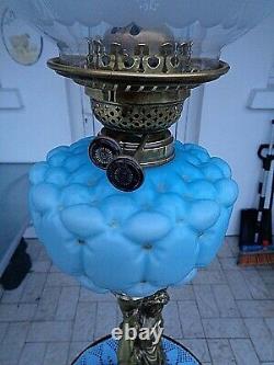 A Lovely Brass Lady Figure Victorian Period Blue Font Twin Duplex Oil Lamp