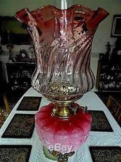 A Lovely Victorian Cranberry Glass Table Oil Lamp