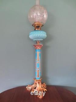 A Magnificent Antique Victorian(c1890) Gilt & Blue Glass Overlay Column Oil Lamp