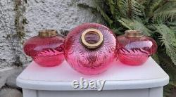A Matching Trio Of Victorian Hand-blown & Moulded Cranberry Glass Oil Lamp Fonts