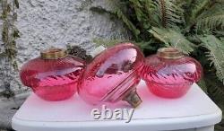 A Matching Trio Of Victorian Hand-blown & Moulded Cranberry Glass Oil Lamp Fonts