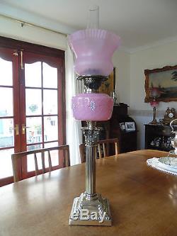 A Perfect Tall Column Victorian Pink Glass Oil Lamp