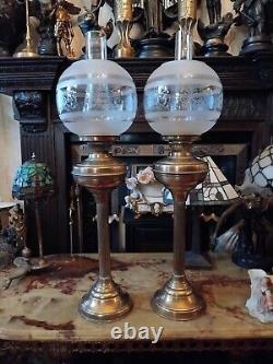 A Pair Of ANTIQUE BRASS Column OIL LAMP ETCHED OIL LAMP SHADE 29 Tall