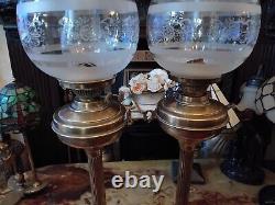 A Pair Of ANTIQUE BRASS Column OIL LAMP ETCHED OIL LAMP SHADE 29 Tall