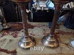 A Pair Of ANTIQUE BRASS Column OIL LAMP ETCHED OIL LAMP SHADE 29 Tall