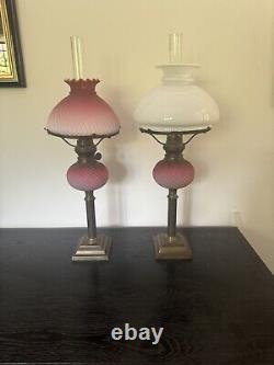 A Pair Of Original Victorian Satin Pink Glass Oil Lamps With Funnels