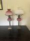 A Pair Of Original Victorian Satin Pink Glass Oil Lamps With Funnels
