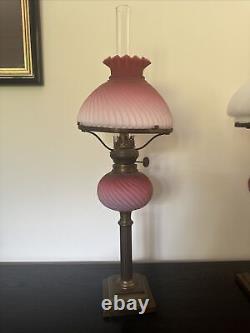 A Pair Of Original Victorian Satin Pink Glass Oil Lamps With Funnels