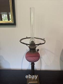 A Pair Of Original Victorian Satin Pink Glass Oil Lamps With Funnels