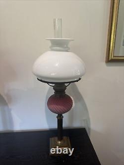 A Pair Of Original Victorian Satin Pink Glass Oil Lamps With Funnels