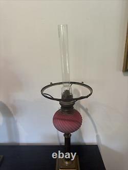 A Pair Of Original Victorian Satin Pink Glass Oil Lamps With Funnels