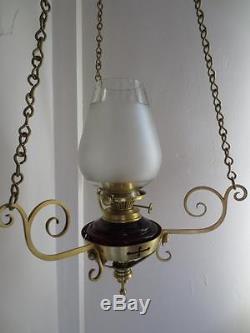 A Rare Antique Victorian (circa1880) Hinks Cranberry Glass Hanging Oil Lamp