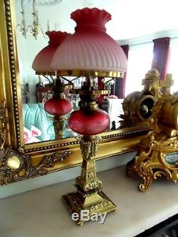 A Rare Etch Matching Pair Of Genuine Victorian Period French Ruby Peg Oil Lamps