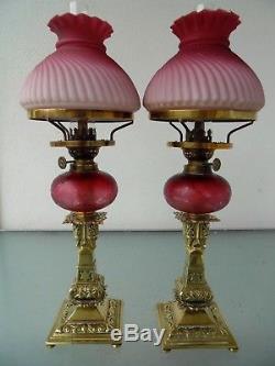 A Rare Etch Matching Pair Of Victorian Period French Ruby Peg Oil Lamps