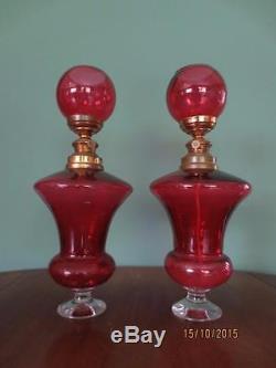 A Rare Pair Antique Victorian (circa1870) Cranberry Glass Lace Maker Oil Lamps