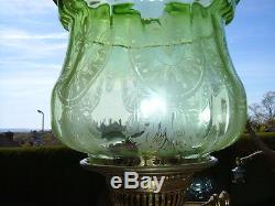 A SUPERIOR TWO TIER VICTORIAN/EDWARDIAN BEAUTIFULLY ETCHED OIL LAMP SHADE