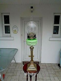 A Stunning Large 29.1/2 Tall Victorian Period Green Glass Twin Duplex Oil Lamp