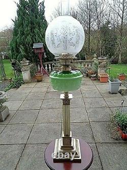 A Stunning Large 29.1/2 Tall Victorian Period Green Glass Twin Duplex Oil Lamp