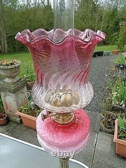 A Superb 28.1/2 Tall Victorian Period Rose Pink Glass Twin Duplex Oil Lamp