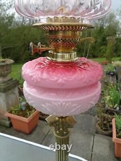 A Superb 28.1/2 Tall Victorian Period Rose Pink Glass Twin Duplex Oil Lamp
