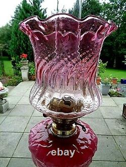 A Superb 28.1/4 Tall Victorian Period Cranberry/rose Pink Glass Oil Lamp