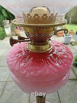 A Superb 29 Tall Victorian Period Rose Pink Glass Twin Duplex Oil Lamp