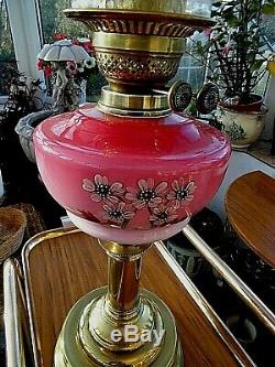 A Superb Cranberry/pink 23 Tall Victorian Twin Duplex Table Oil Lamp