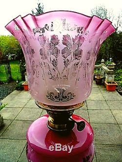 A Superb Etch Rose Pink Victorian Twin Duplex Oil Lamp Shade