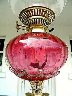 A Superb Large 31 Tall Cranberry Banquet/table Twin Duplex Oil Lamp