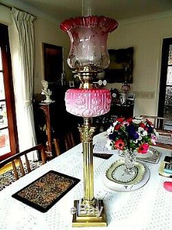 A Superb Quality Rose Pink/cranberry Victorian Twin Duplex Table Oil Lamp